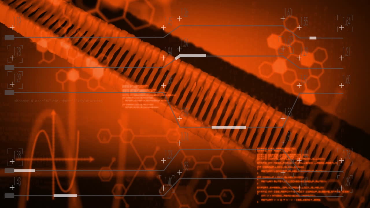 DNA strand with binary coding processing scientific data in animation