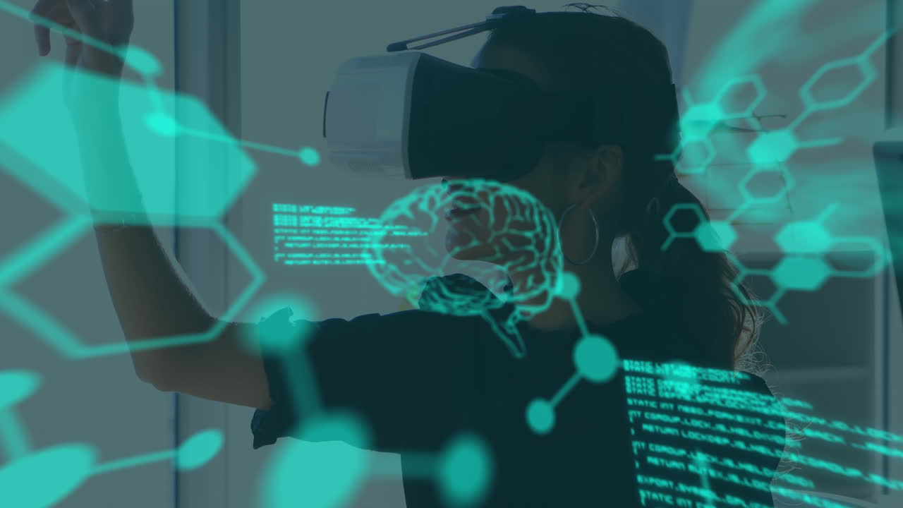 animación del cerebro humano y el procesamiento de datos médicos sobre una mujer de negocios con auriculares vr