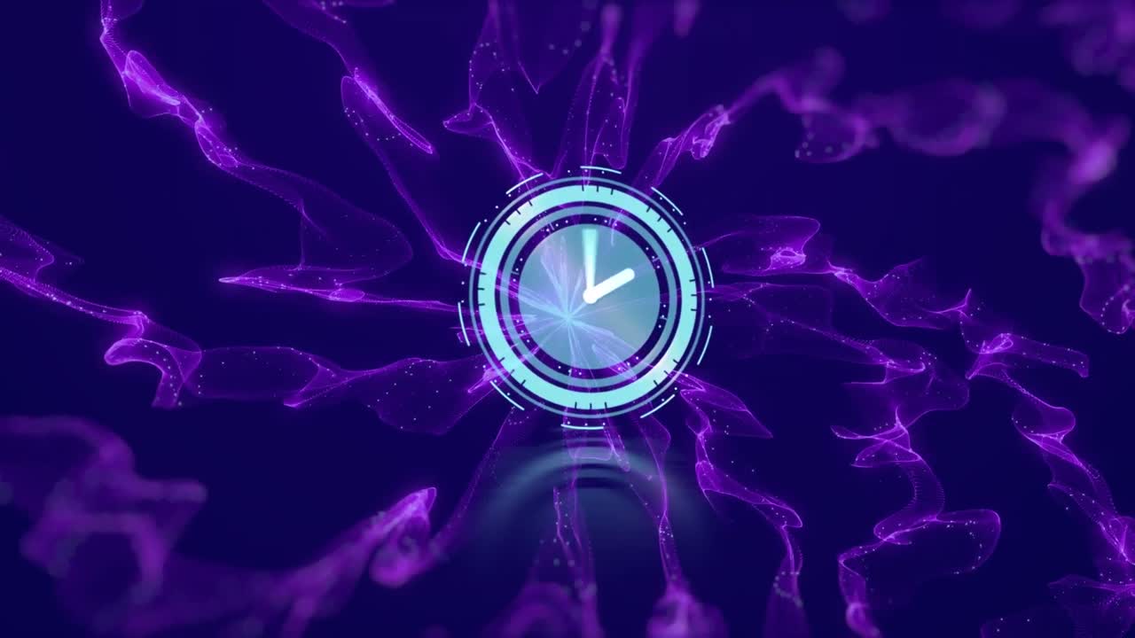 animación del reloj y la energía púrpura sobre un fondo azul oscuro