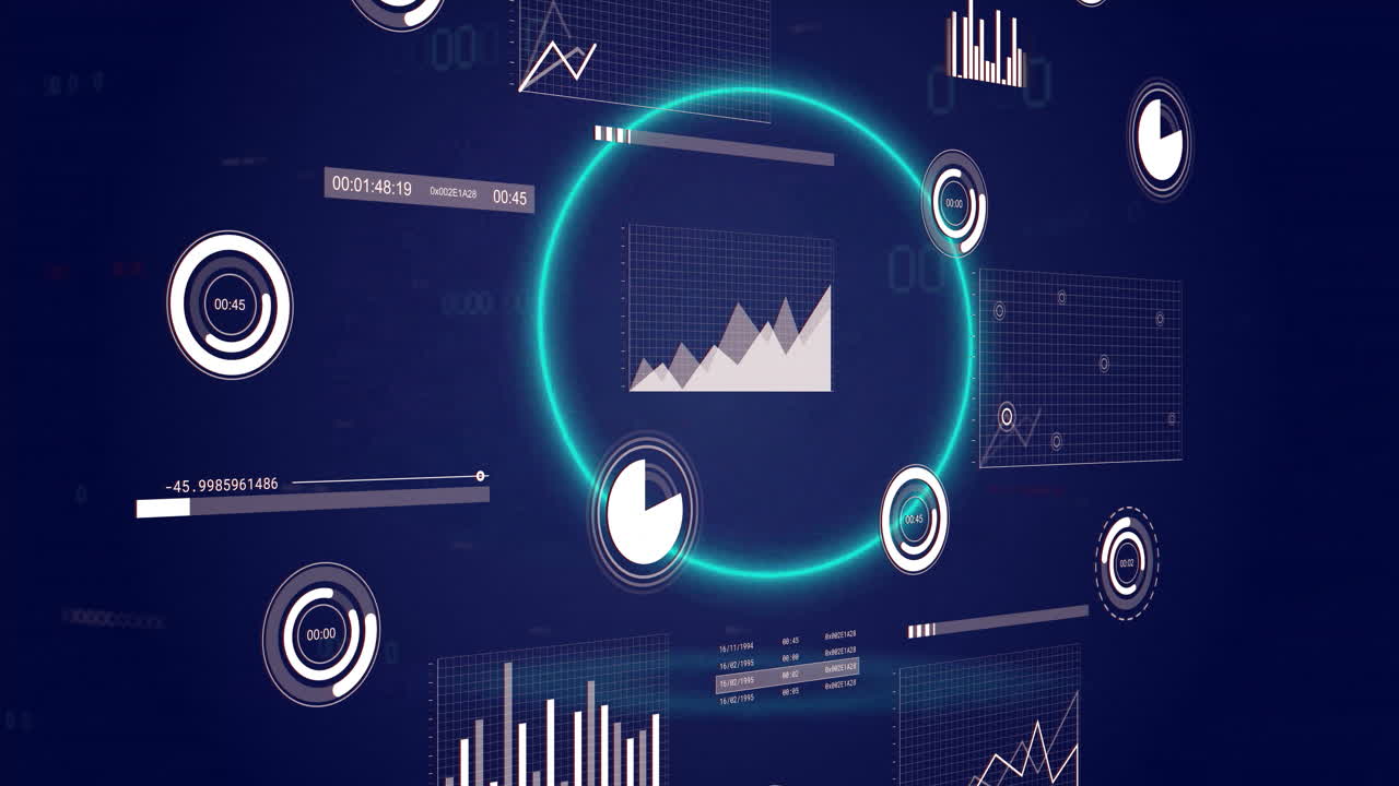 Digital dashboard presenting glowing neon teal ring encircling area graph amid floating HUD icons