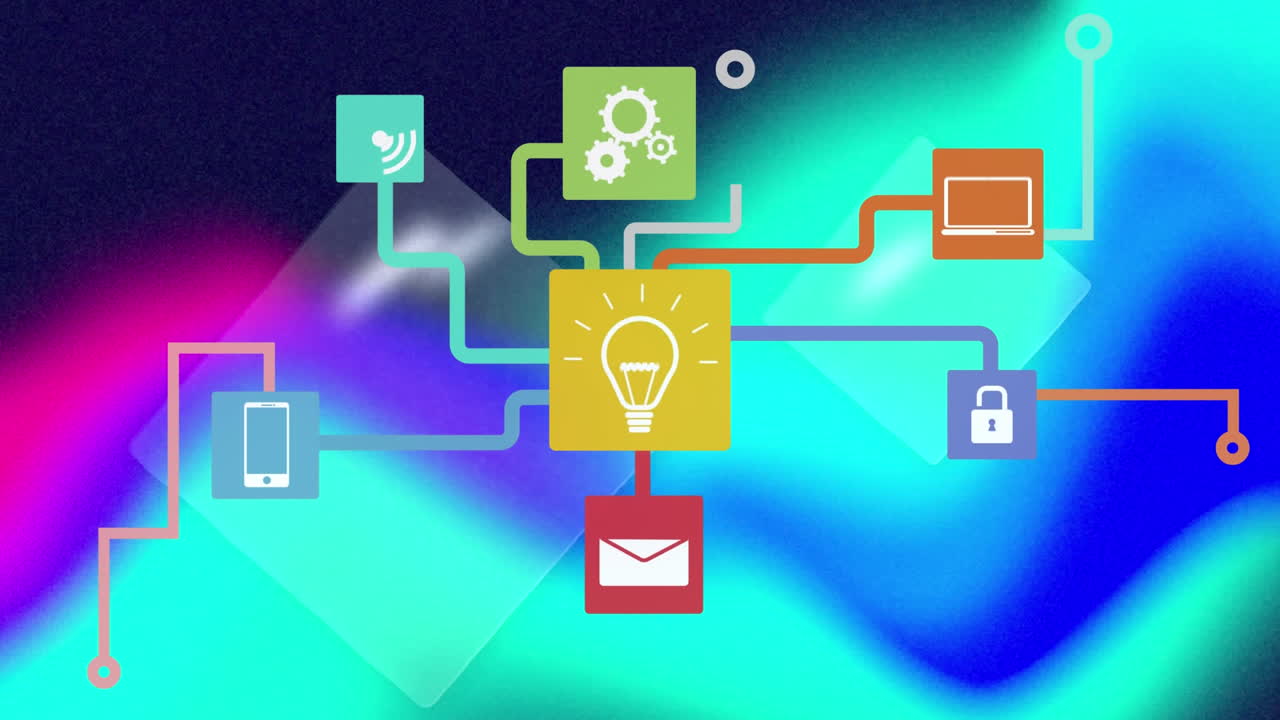 다채로운 배경에 디지털 미디어 아이콘의 애니메이션