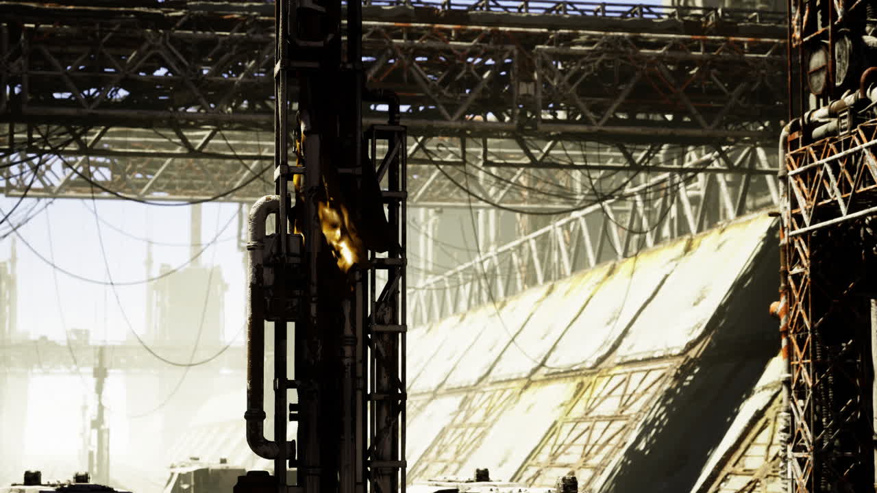 은 낮빛으로 조명된 광활한 산업 구역 위에 어 있는 구조물들