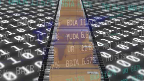 Animation-Der-Binären-Kodierung-Und-Finanzdatenverarbeitung-über-Kartons-Auf-Einem-Förderband