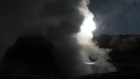 big geyser field releasing steam at sunrise in the desert wide angle