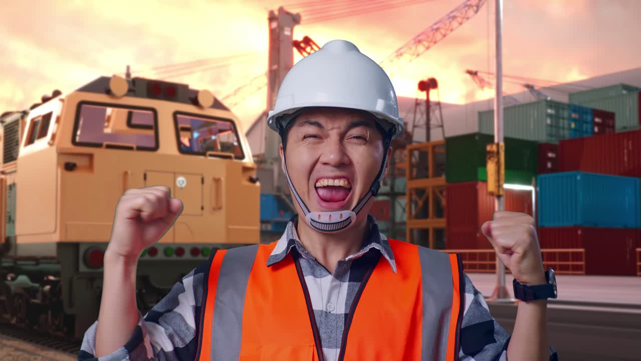 Close Up Of Asian Male Engineer With Safety Helmet Screaming Goal Celebrating Working With Freight Cargo Train At Port