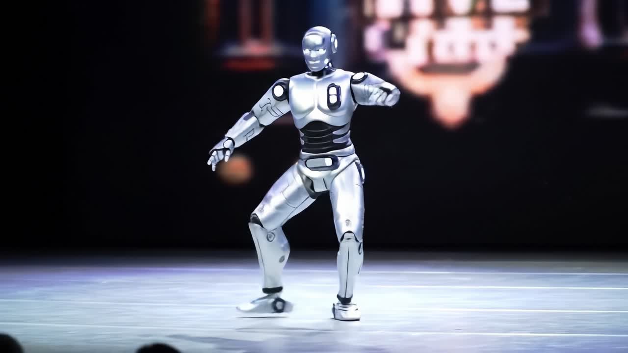 A humanoid robot showcases impressive dance moves and synchronized movements while captivating a live audience at a technology event in 2023. The interaction demonstrates advancements in robotics.
