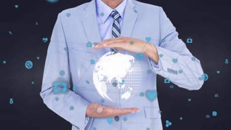 Animation-of-businessman-holding-globe-with-network-of-connections