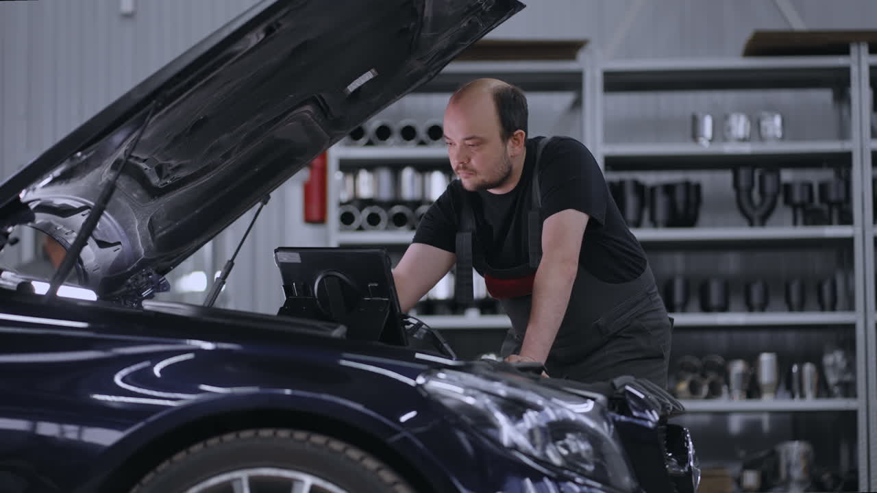 mecánico automotriz trabajando con una herramienta de diagnóstico de automóviles en un taller de reparación. el gerente de servicio de automóviles o mecánico utiliza una tableta con un software de diagnóstico interactivo futurista.