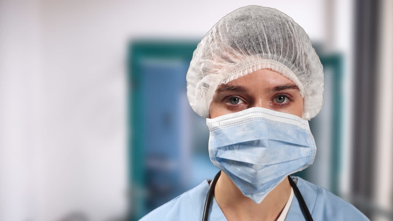 retrato de una cirujana caucásica que lleva una máscara quirúrgica en el hospital