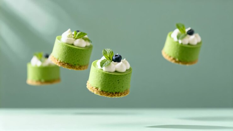 Drifting four green cakes with cream, blueberry while frames advancing across mint studio for focus