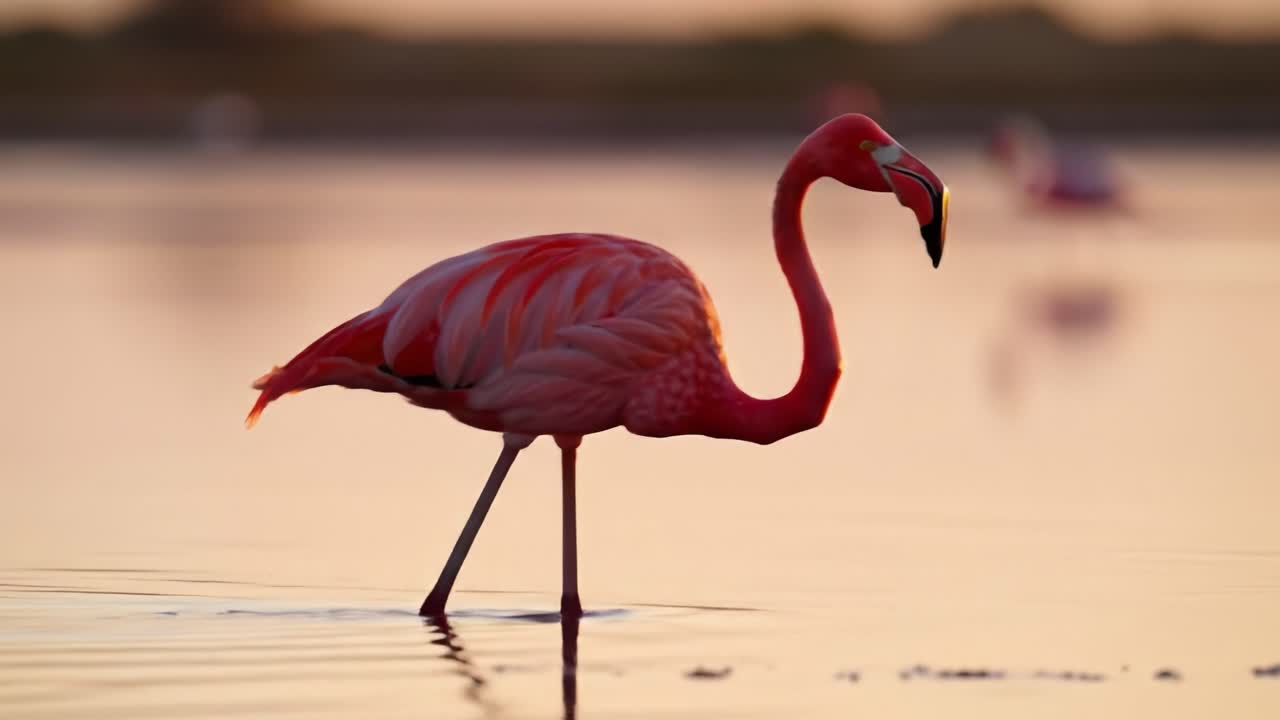 A Majestic Pink Flamingo Stands Gracefully in Shallow Waters During a Serene Sunset, Capturing the Elegance and Beauty of Nature in This Tranquil Moment