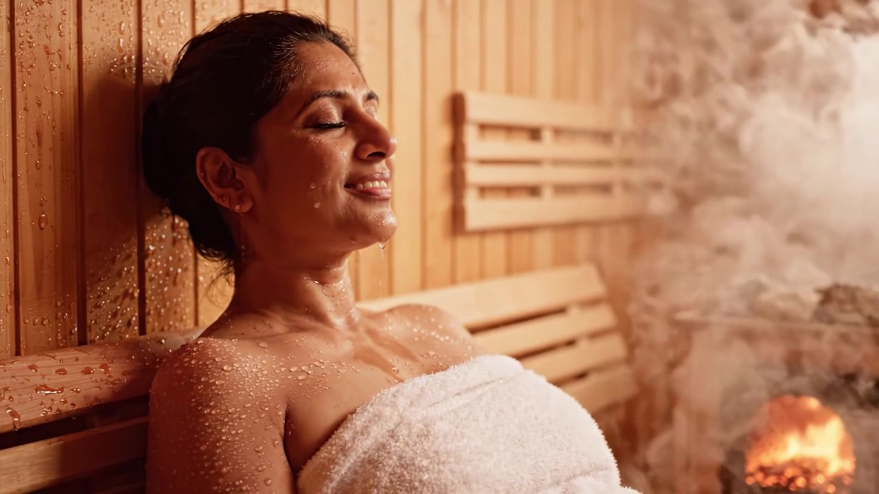 Rilassamento in una Spa Serena: Una Donna che si Gode l'Atmosfera Pacifica di un Bagno Turco Circondata da Legno e Calore Delicato per il Ringiovanimento e il Benessere.