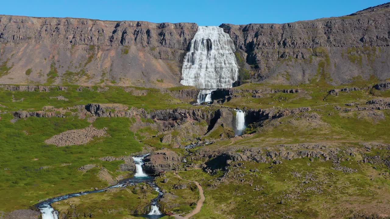 Aerial view of Fjallfoss (Dynjandi) waterfall located in the Westfjords, Iceland
