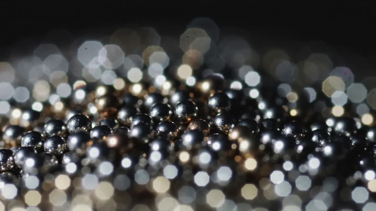 La fotocamera regola la messa a fuoco sulle perline di metallo su una superficie nera, rivelando la profondità e spostando l'effetto bokeh esagonale