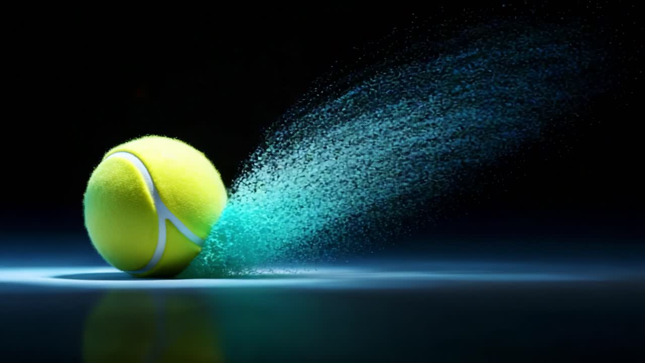 A vibrant tennis ball captured in motion, demonstrating the stunning contrast of colors and dynamic trail as it moves through space, radiating energy and excitement