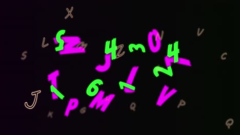 digital animation of multiple changing numbers and alphabets floating against on black background