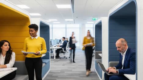 dynamic workplace interaction: colleagues engaging and collaborating in a modern office environment with stylish design and innovative workspaces