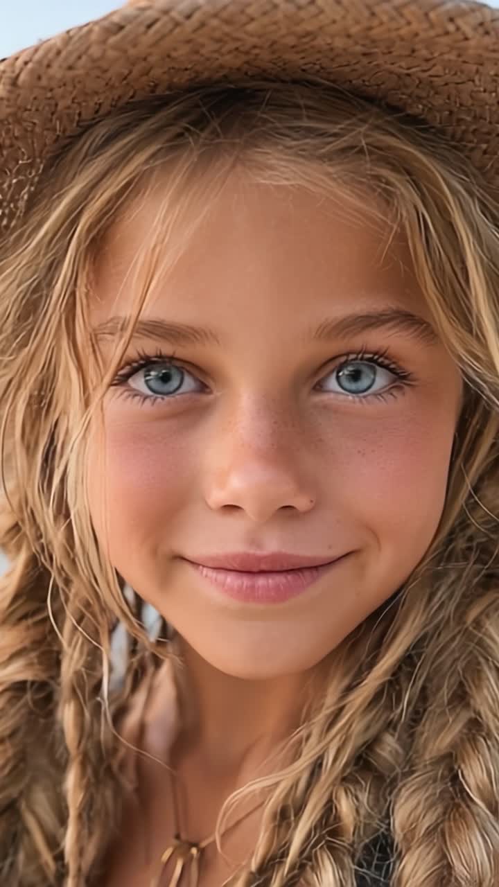 Ritratto accattivante di una giovane ragazza con splendidi occhi azzurri e capelli intrecciati, che indossa un cappello di paglia, irradiando gioia e fascino