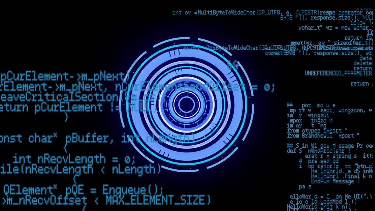 digitale animatie van neon ronde scanner tegen gegevensverwerking op zwarte achtergrond