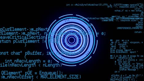 digital animation of neon round scanner against data processing on black background