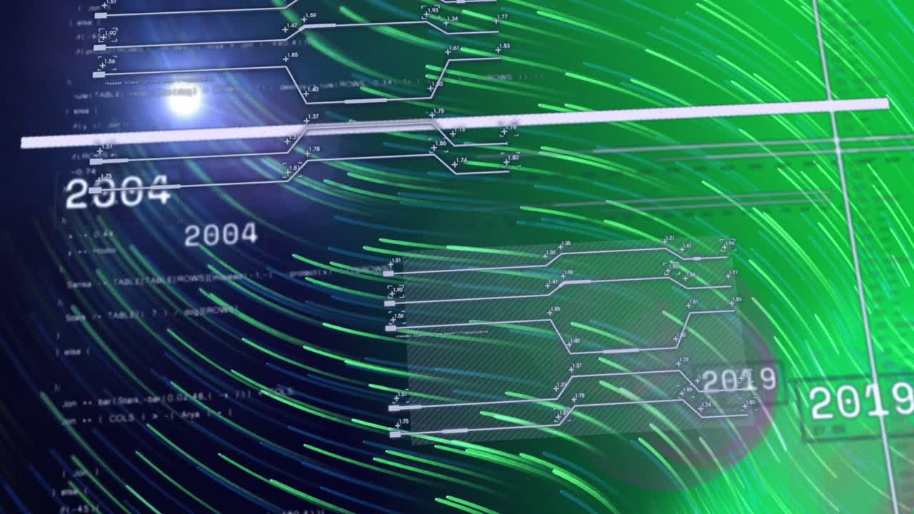 Animation of circuit board patterns with computer language over moving lines on black background