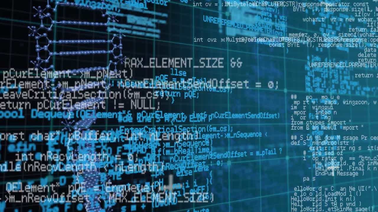 Digital animation of dna structure spinning and data processing against blue background