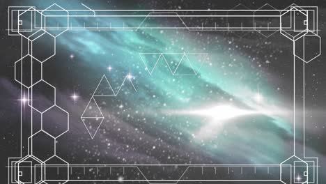 Animation-of-white-frame-with-markers-and-hexagons-over-glowing-stars-on-night-sky