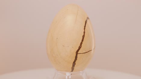 wooden egg rotating on a turn table in front of a white background