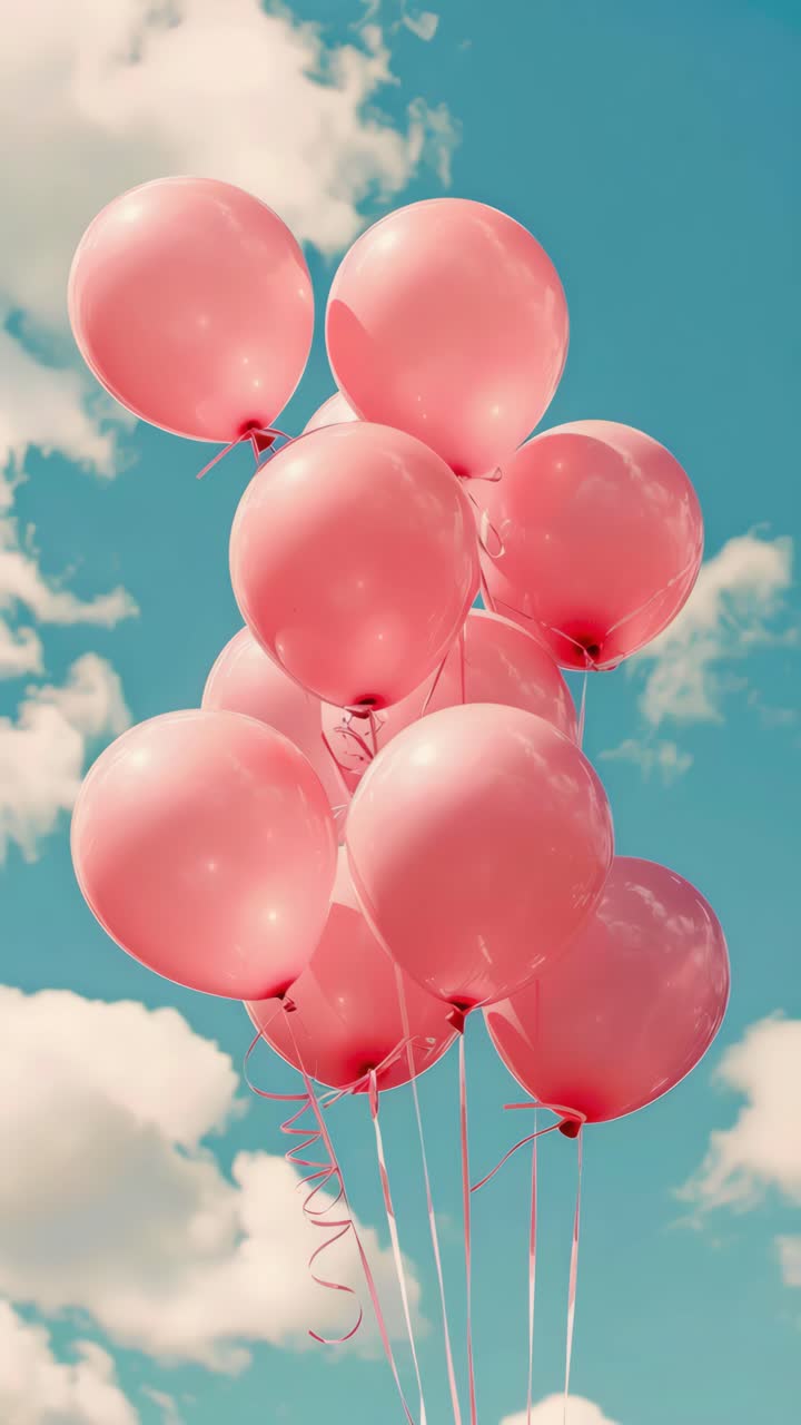 L'angolazione verso l'alto cattura palloncini rosa su un cielo blu con nuvole, creando un'atmosfera da sogno