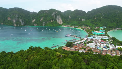 Travel-vacation-background---Tropical-island-with-resorts---Phi-Phi-island,-Krabi-Province,-Thailand