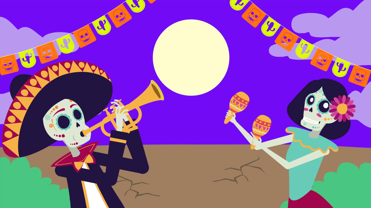 animazione viva mexico con i personaggi di mariachi e catrina skulls