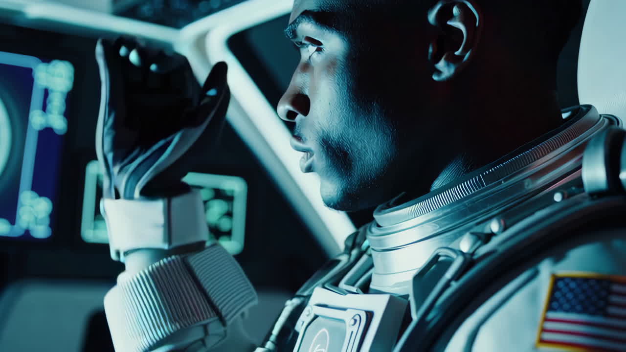 Astronaut in futuristic spaceship cockpit