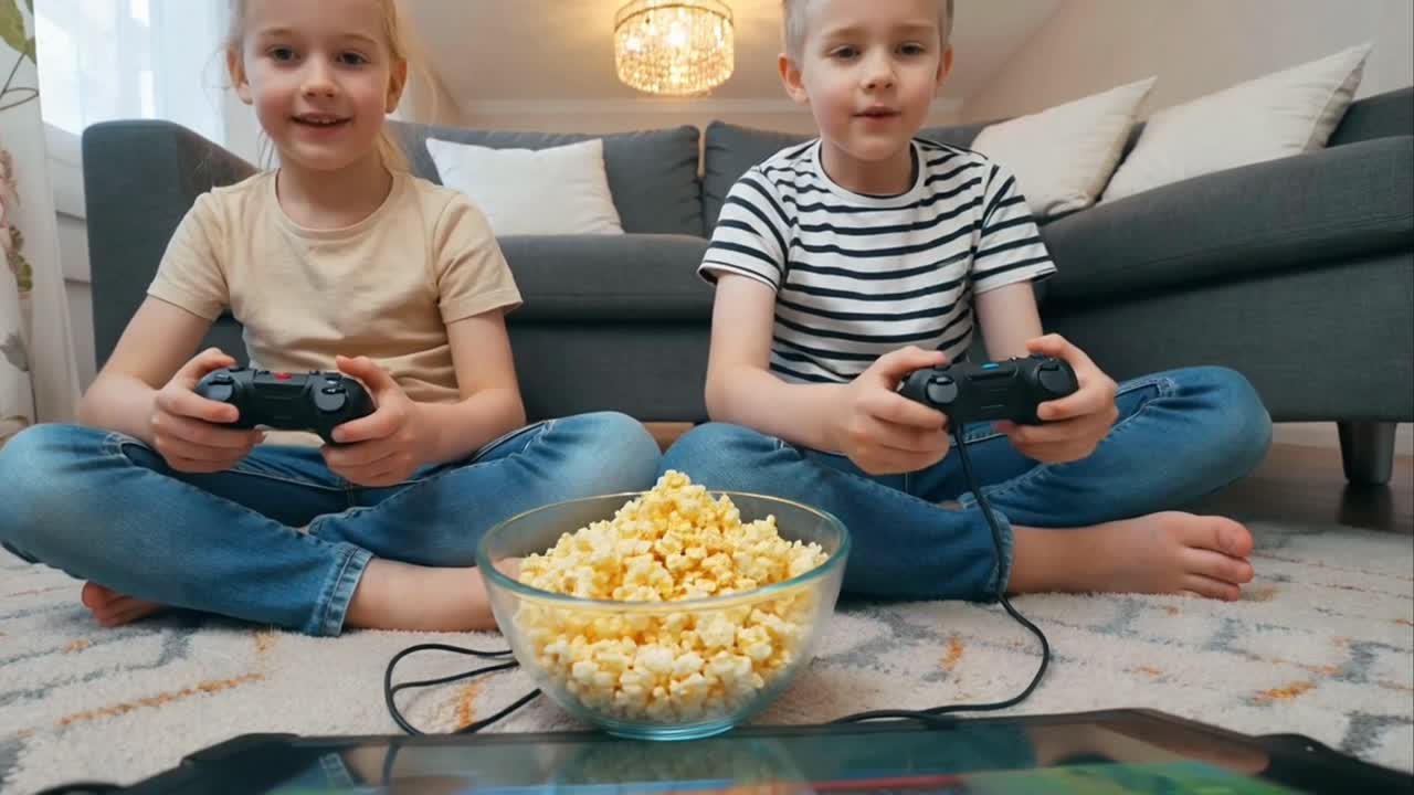 Happy Kids Playing Video Games with Popcorn at Home
