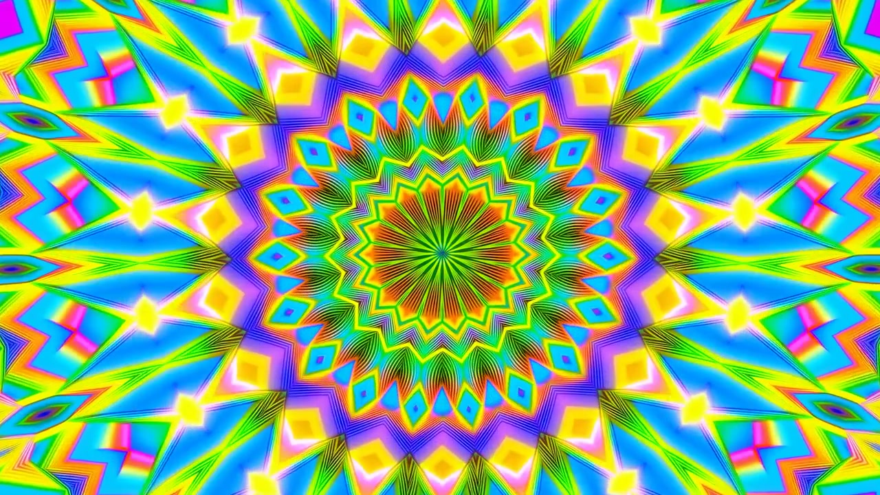 Motivo caleidoscopico simmetrico centrato con un'esplosione floreale radiosa, forme geometriche ripetute e un vivido ornamento multicolore che riempie l'inquadratura con un'atmosfera psichedelica luminosa.