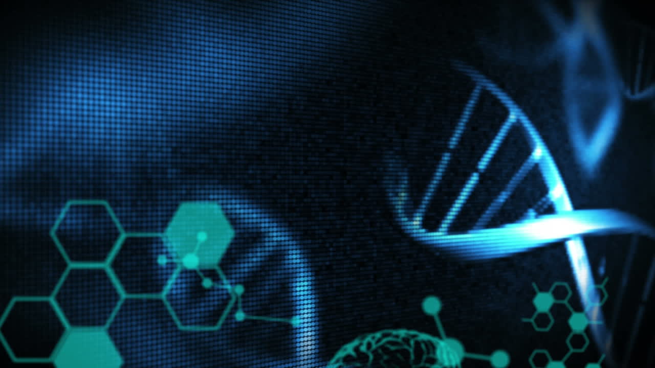 Animation of dna strand, medical data processing and chemical compound structures in the background