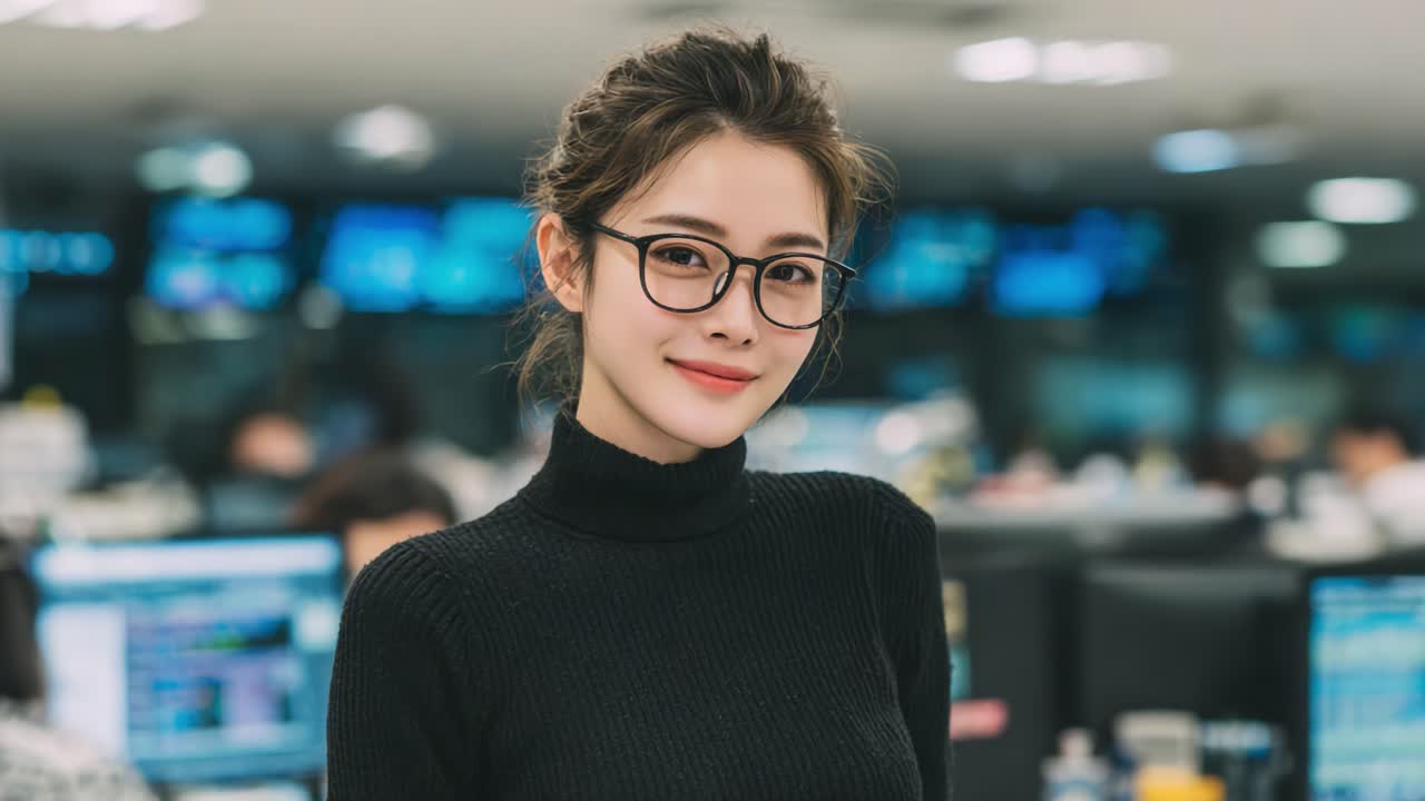A Confident Young Woman in Glasses Smiling in a Modern Office Environment, Surrounded by Computer Screens and Colleagues Dedicated to Their Tasks