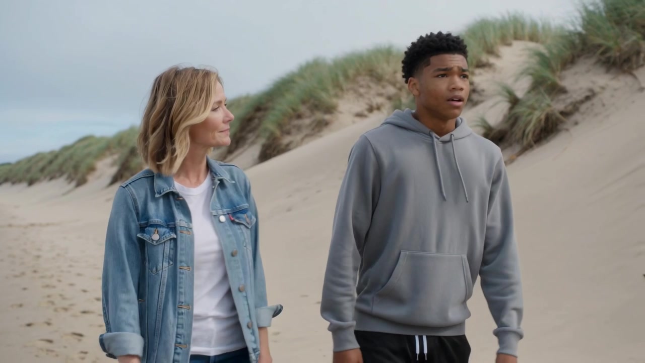 Walking denim-clad woman and hooded teen bonding as breeze spurring talk, leaving prints on beach