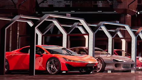modern sports cars in a futuristic garage