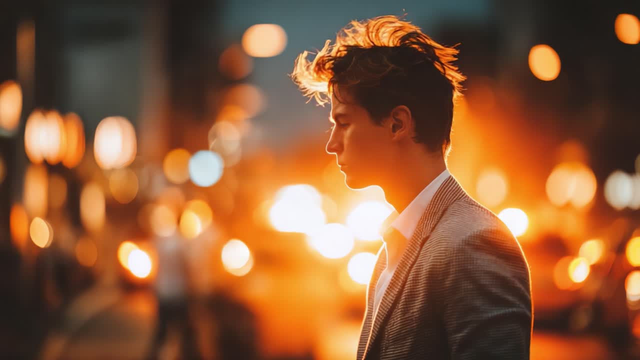 Nachdenklicher Moment: Ein junger Mann im Profil reflektiert vor einem leuchtenden urbanen Hintergrund in der Dämmerung und fängt die Essenz von Einsamkeit und Nachdenklichkeit ein.