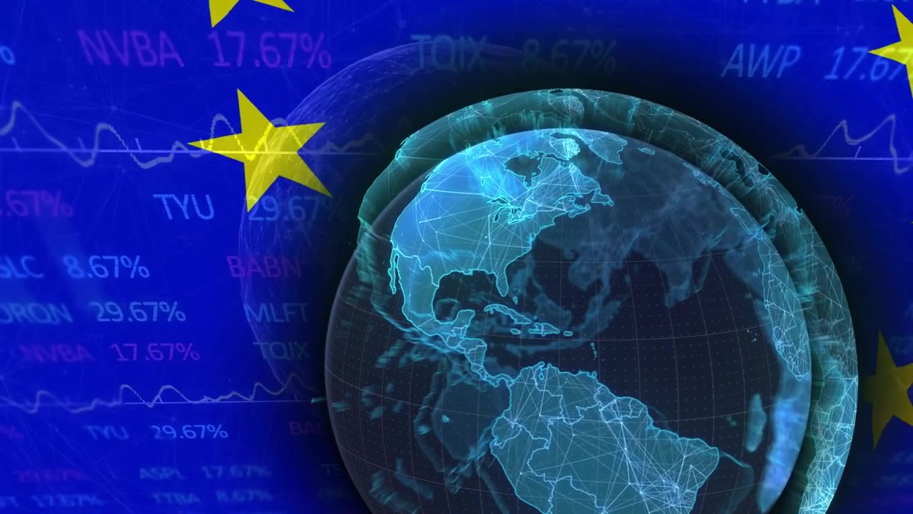 Animazione di globo su bandiera dell'UE e mercato azionario