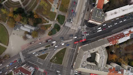 wide aerial ascending top shot of cars traffic driving racianske myto intersection in bratislava, slovakia