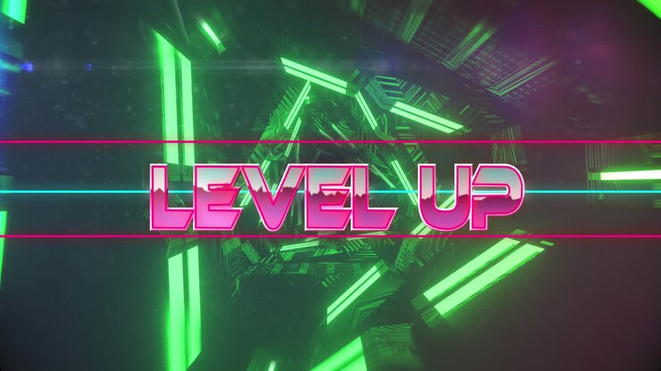 Animazione del testo 'level up' su tunnel digitale in movimento