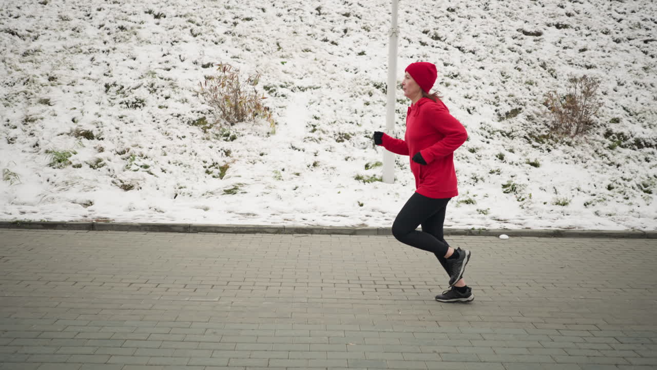 겨울에 벌거벗은 식물과 기둥을 가진 눈 인 언덕 의 교차 도로에서 야외에서 조하는 성인의 측면 뷰, 은 후디를 입은 운동 선수가 조용한 계절적 배경에 대항하여 달리고 있습니다.