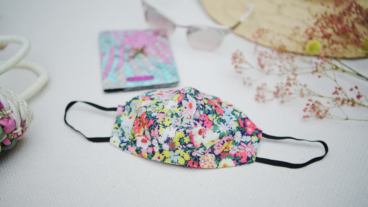 Floral Decorative Medical Face Mask on White Background - Coronavirus flat lay