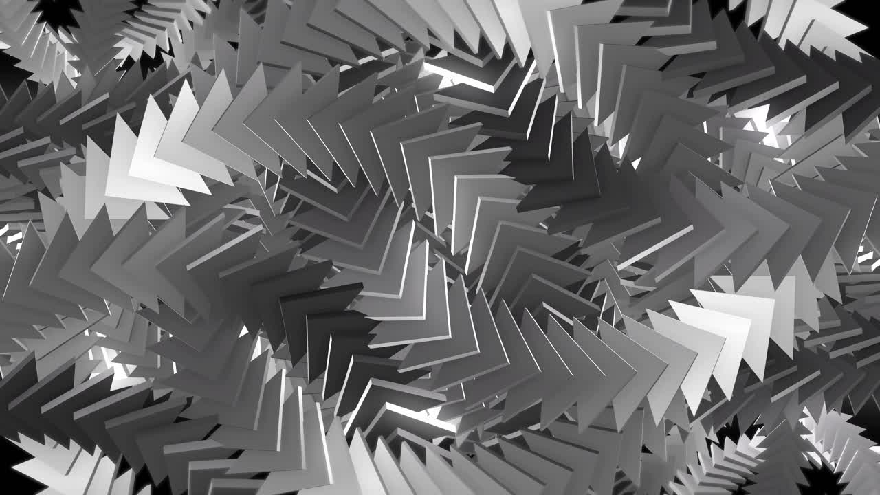 Forme geometriche dinamiche in scala di grigi che turbinano in un ciclo continuo