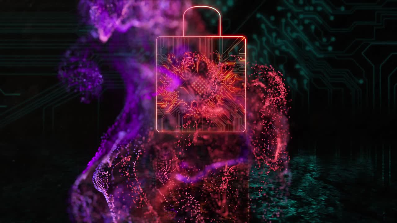 animación de formas púrpuras sobre el icono del candado con placa de circuito de computadora en fondo negro