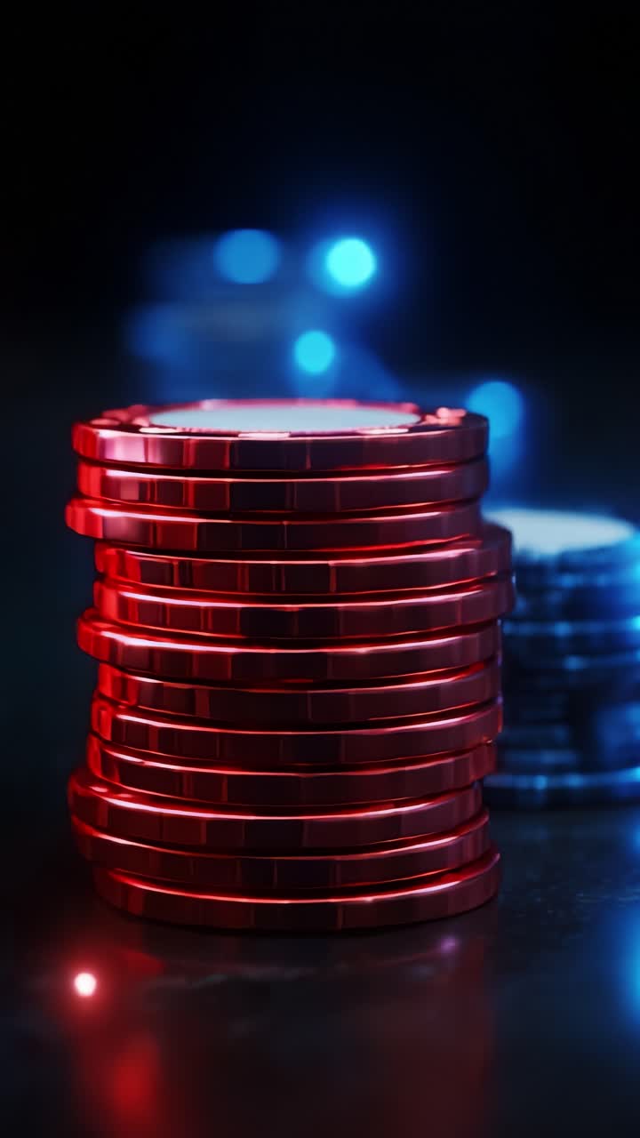 Primo piano di lucide fiches rosse e blu del casinò, impilate in modo perfetto su uno sfondo scuro, che cattura l'essenza dell'eccitazione e dell'attesa del gioco