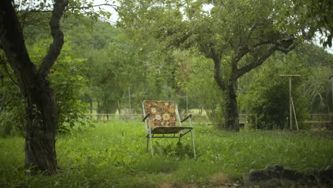 an old camping chair in a garden