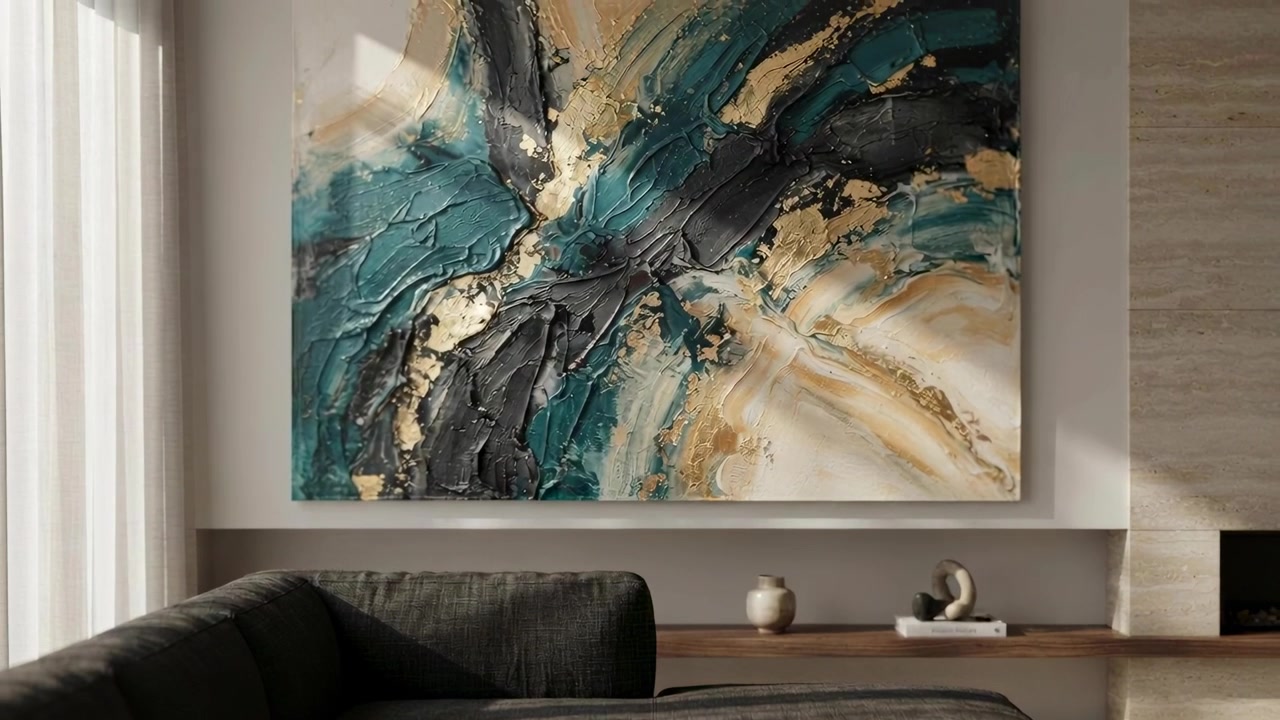 Kamera zabírá abstraktní obraz, světlo se posouvá oknem, domácí záběr, ukazující impasto.