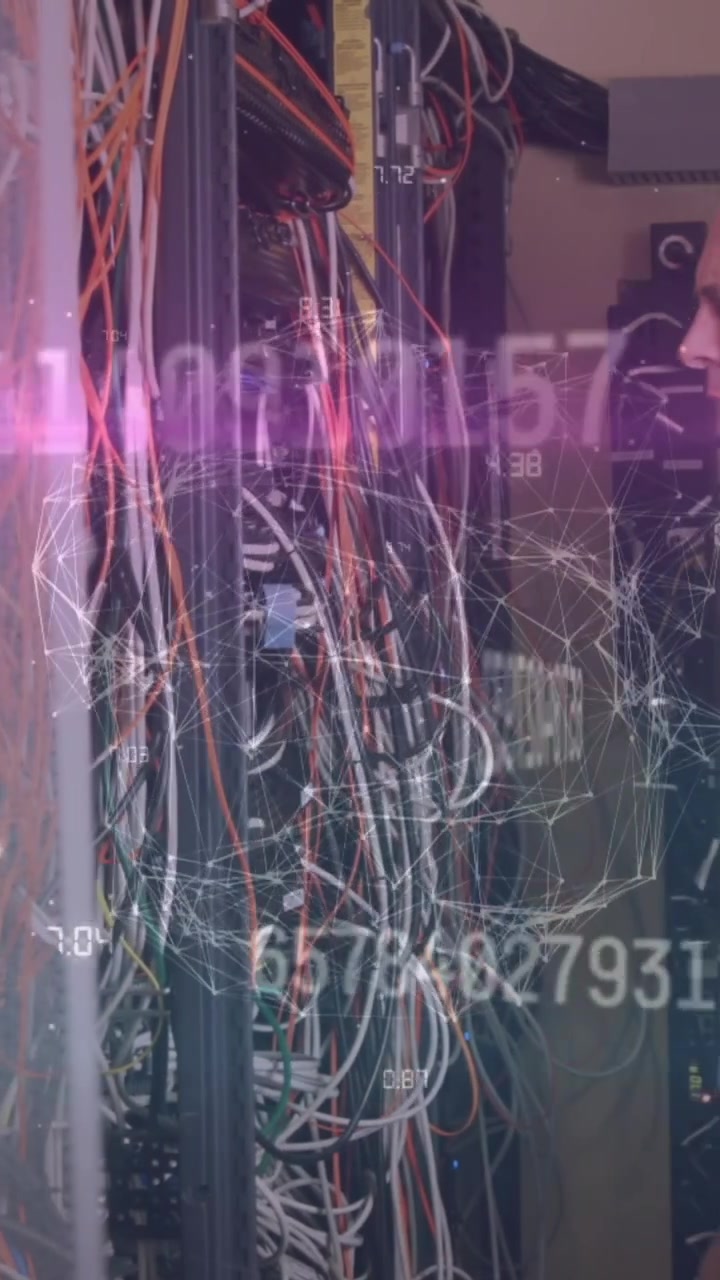 Animation of data processing over caucasian server room worker